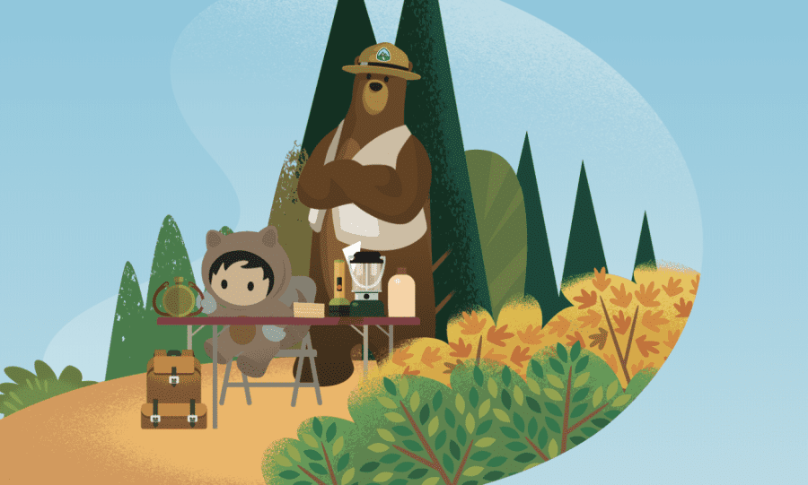 GCA Learn in-demand cybersecurity skills with animated bear and camping materials