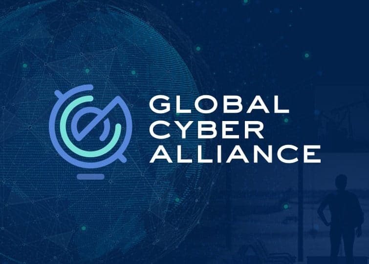 Global Cyber Alliance with globe and man standing at airport