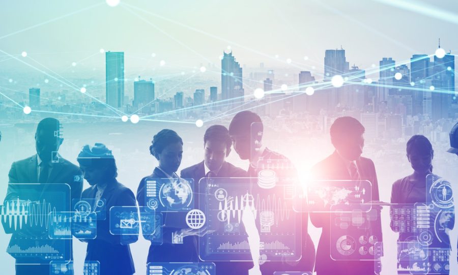 Abstract outlines of group of people with technology overlay with cityscape in the background