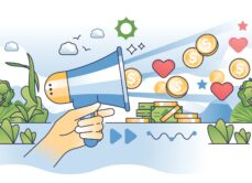 megaphone with hearts and coins and trees growing