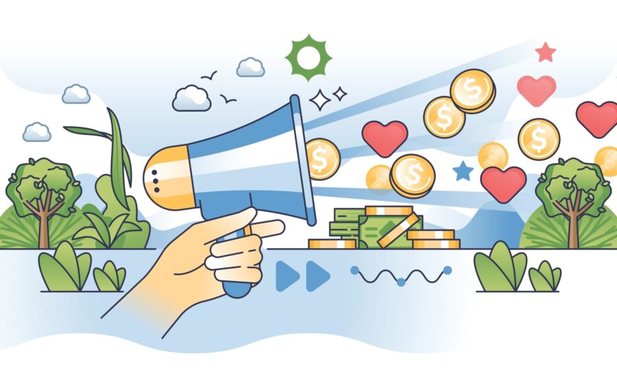 megaphone with hearts and coins and trees growing