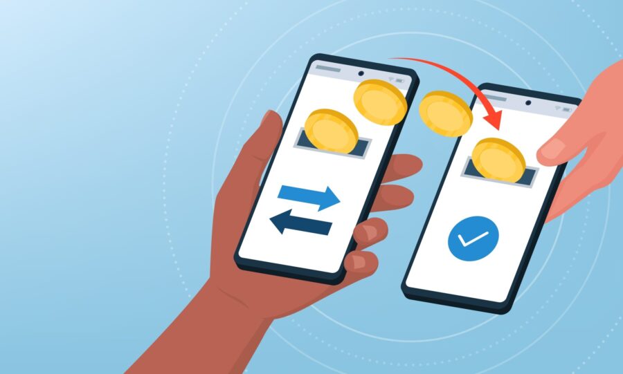 Users sending money online using apps on their smartphones: P2P payments and money transfer concept