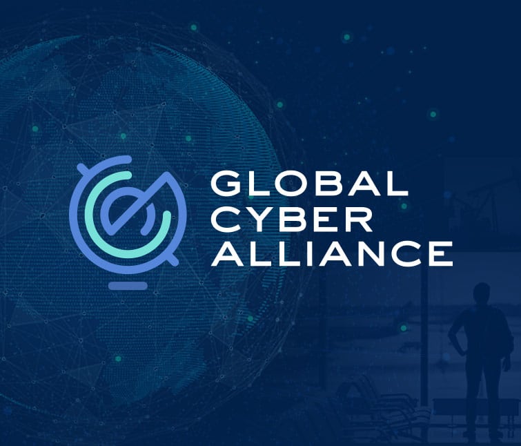 Global Cyber Alliance with globe and man standing at airport